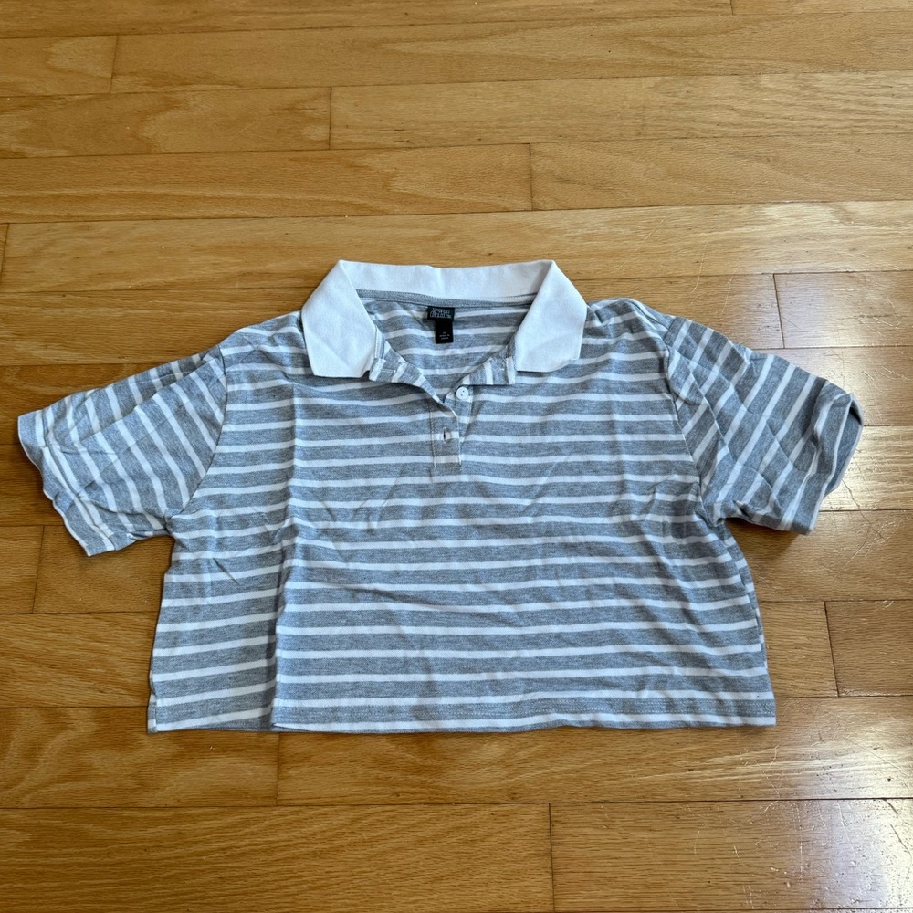 Striped White & Grey Collared Crop Top